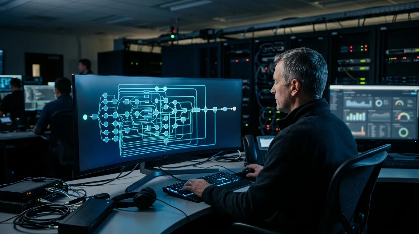 Enterprise security engineer reviewing a firewall rule change approval workflow on a network operations center monitor