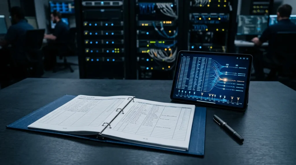 Firewall rule audit trail and PCI DSS compliance documentation on a security operations desk