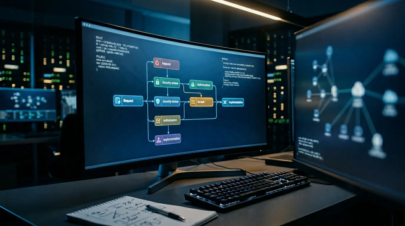 Enterprise security engineer reviewing a firewall change approval workflow on a curved monitor in a network operations center