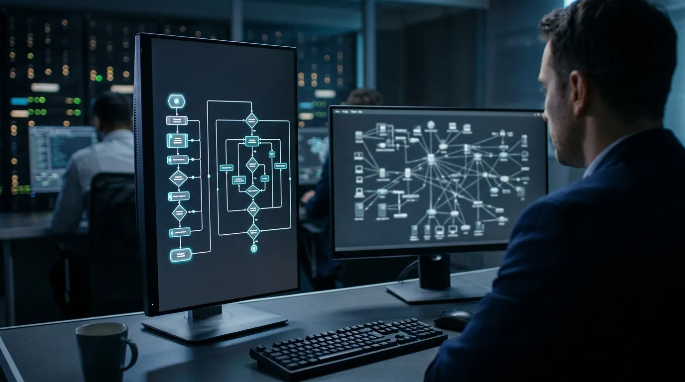 Security professional reviewing a change request workflow and change management lifecycle on dual monitors in an enterprise security operations center