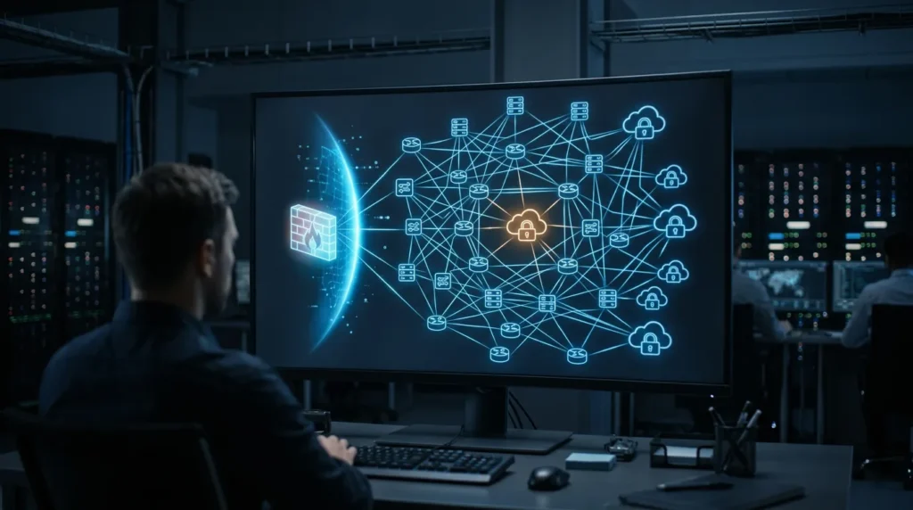 Visualization of firewall change management extending beyond the firewall to network switches, routers, and cloud security groups in an enterprise security operations center