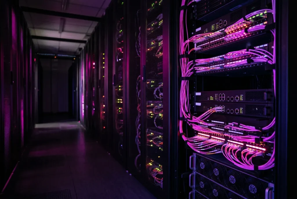Dark data center corridor of network firewall appliances lit in magenta, illustrating FortiGate security
